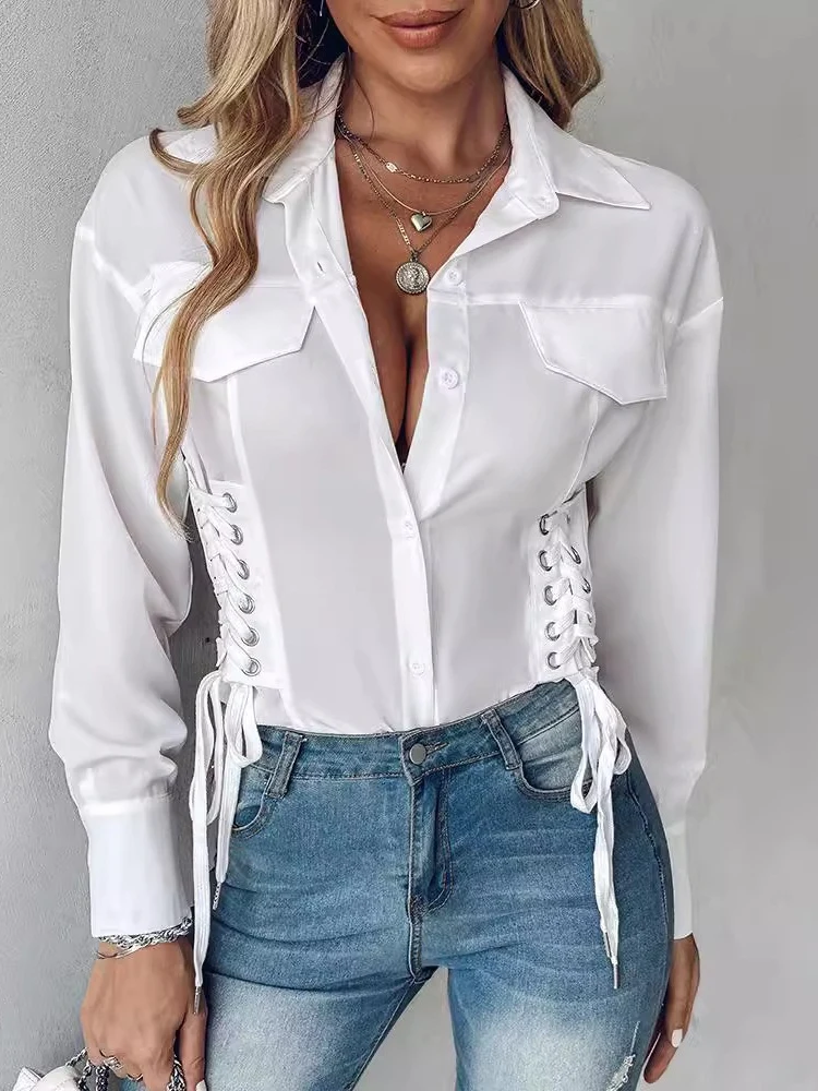 White Bandage Women\'s Shirt Elegant Long Sleeve Pockets Blouses Fashion Solid Single-Breasted Shirts Office Lady Clothes