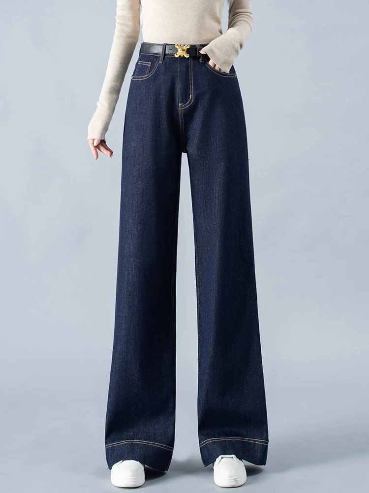 

Deep Blue High Waist Wide Leg Denim Jeans Women's Spring Autumn Loose Fitting Floor Length Straight Cut Retro Slimming Pants