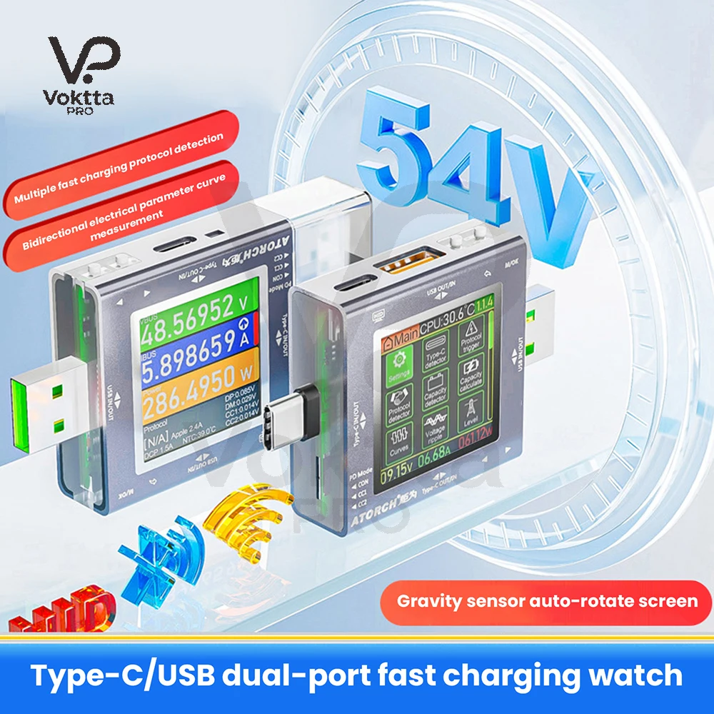 TU13 USB Charger Tester Digital Display Multi-Function Type C + USB Dual-Port Voltage Current and Power Meter DC 0-50V 6.5A