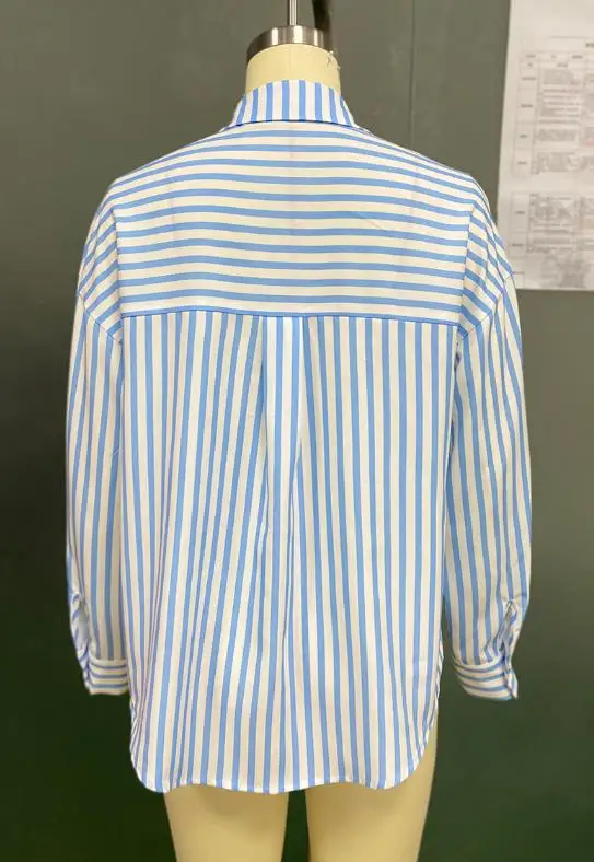 Woman Blouse 2025 Spring Autumn New Fashion Striped Turn-Down Collar Long Sleeved Pocket Design Loose Casual Daily Shirt