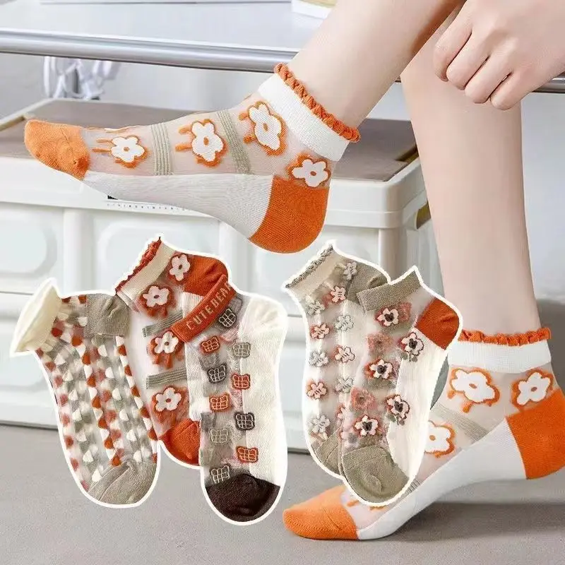 5 Pairs Thin Women Summer Cute Cartoon Socks Set Cat Bear Floral Animal Female Kawaii Transparent Silk Socks For Women