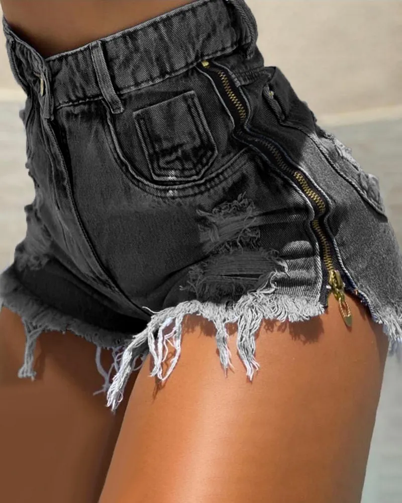 Y2K Cargo Shorts Jeans 2023 Summer Casual Women\'s Fashion High Waist Solid Side Zipper Design Raw Hem Denim Shorts Basic