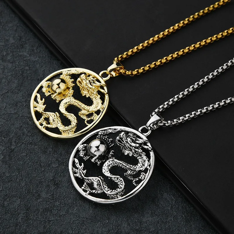 

Titanium steel necklace, the successor of the dragon Playing with the pearl, hip-hop pendant necklace