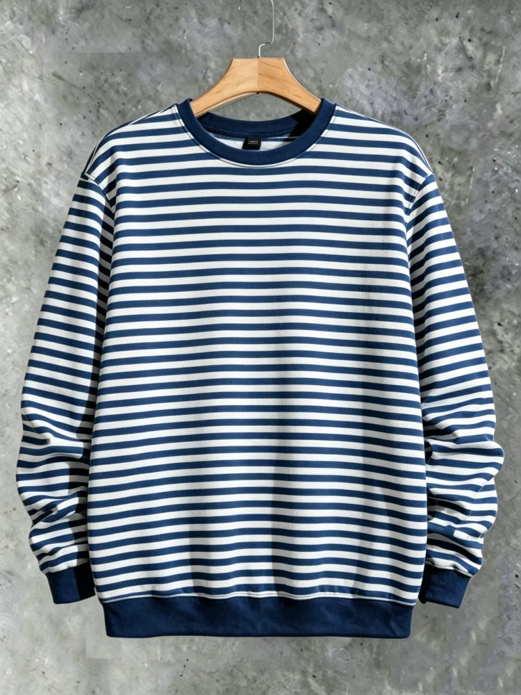 Men's Crewneck Sweatshirt Navy Blue White Striped Long Sleeve Oversize Loose Fit Casual Pullover