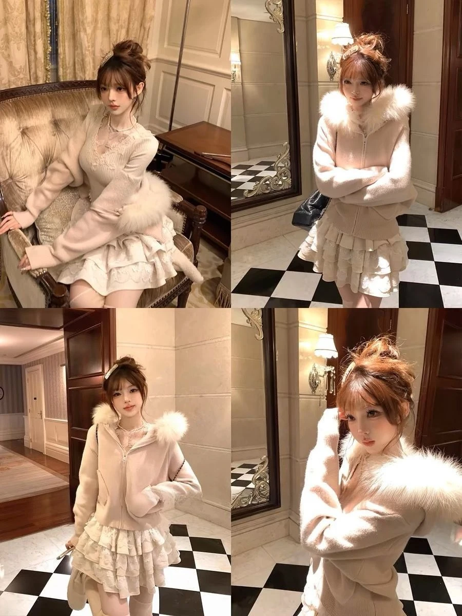 الأمريكية الرجعية مقنعين محبوك معطف طويل الأكمام المرأة ثقافة فرعية معطف خمر سستة فو الفراء سترة الخريف النساء Cloghing 2025