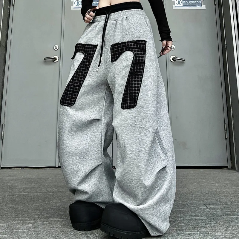 ANJY Spring Autumn New Women Double-Waisted Pleated Letter Patchwork Casual Sweatpants Niche Designs Loose Wide Leg Pants A21213