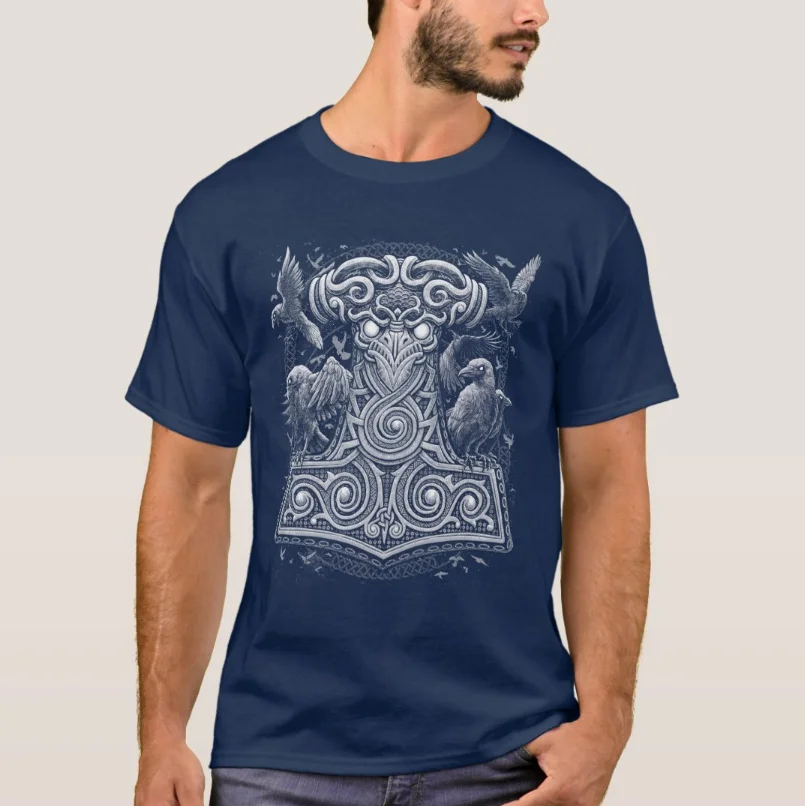 Norse Mythology Raven Thor Hammer Mjolnir T-Shirt Short Sleeve Casual 100% Cotton O-Neck Summer Mens T-shirt Size S-3XL