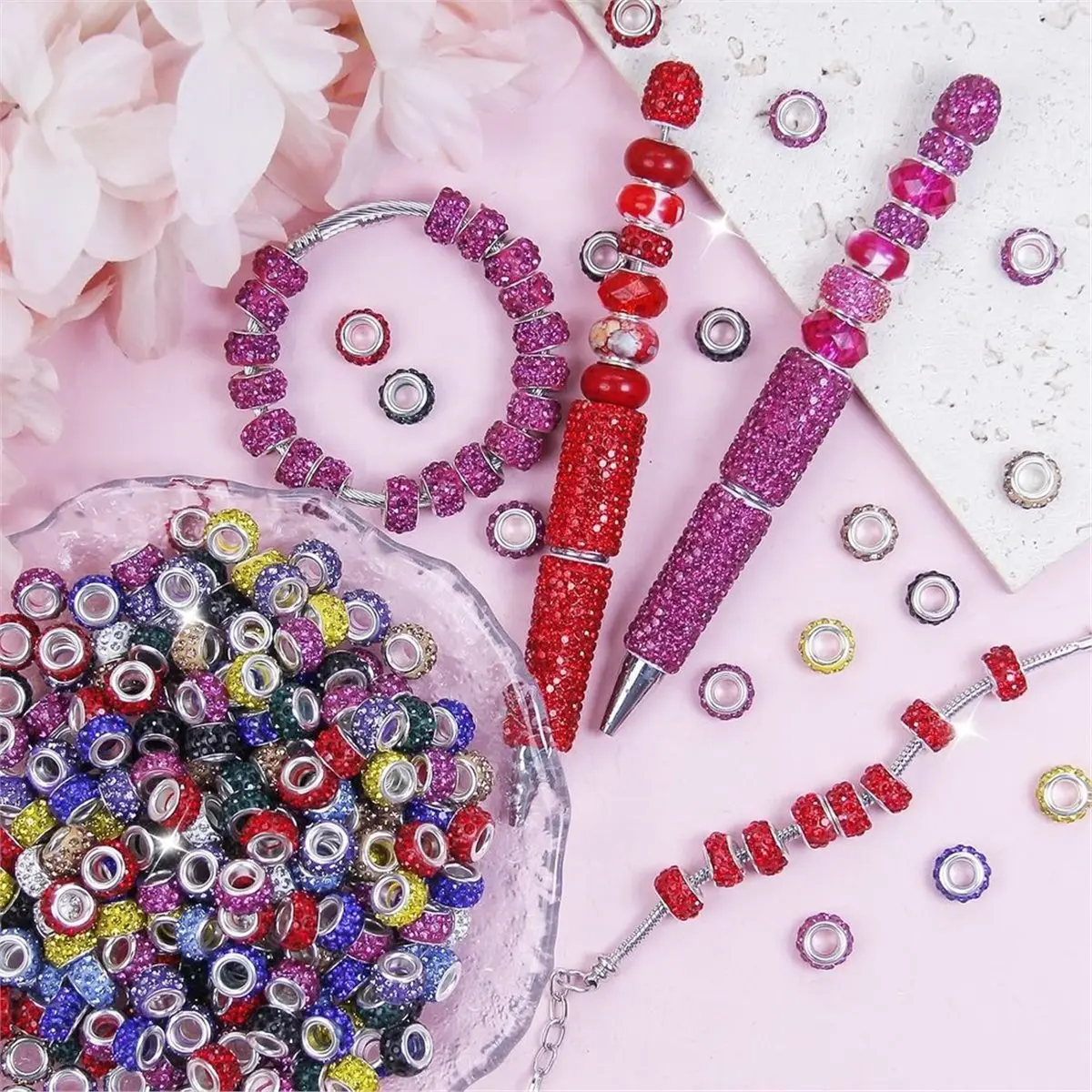 100 Pcs Large Hole Rhinestone Beads Mixed Colors Shiny Rhinestones Bead for DIY Beadable Pen Bracelet Jewelry Making A