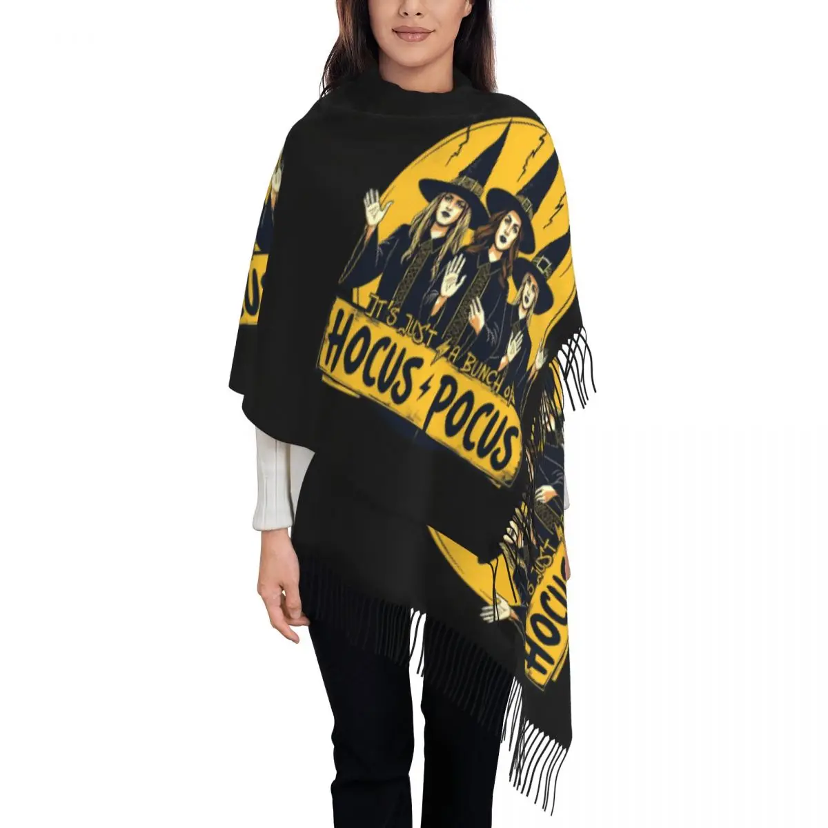 Custom Halloween Film Hocus Pocus Scarf Wrap Women Long Winter Warm Tassel Shawl Unisex Scarves