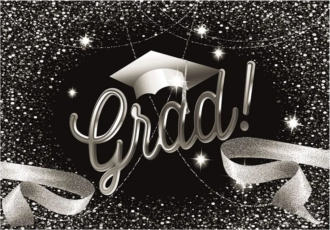 Graduation Prom Black and Silver Photography Backdrop Bachelor Cap Ribbon Grad Celebration Party Banner Background Decoration