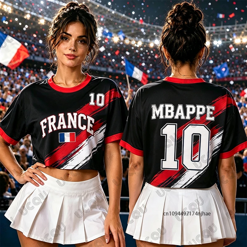 Summer New France Flag Mbappe No.10 Print T-Shirt For Women Short Sleeve Sexy Crop Top Football Jersey Y2k Tees Casual Tops