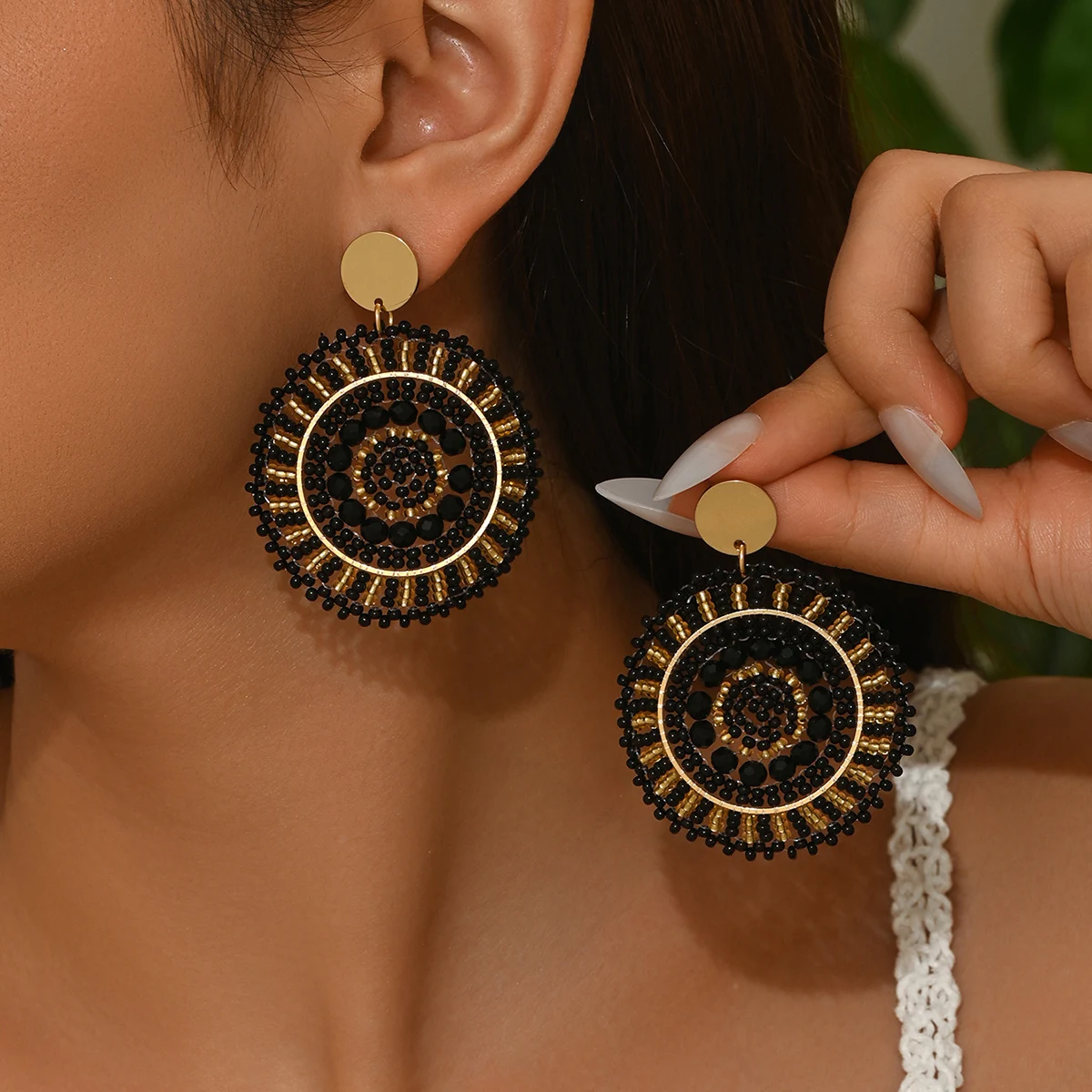 Bohemian Vintage Resort-Style Handmade Beaded Round Pendant Earrings Perfect for women to wear daily, at vacations, parties, dan