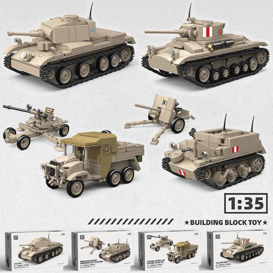WW2 Military British Army Valentine Cruiser Tank Carrier Vehicle Morris Artillery Tractor Building Blocks Bricks Toys Kids Gifts