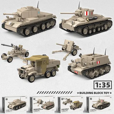WW2 Military British Army Valentine Cruiser Tank Carrier Vehicle Morris Artillery Tractor Building Blocks Bricks Toys Kids Gifts