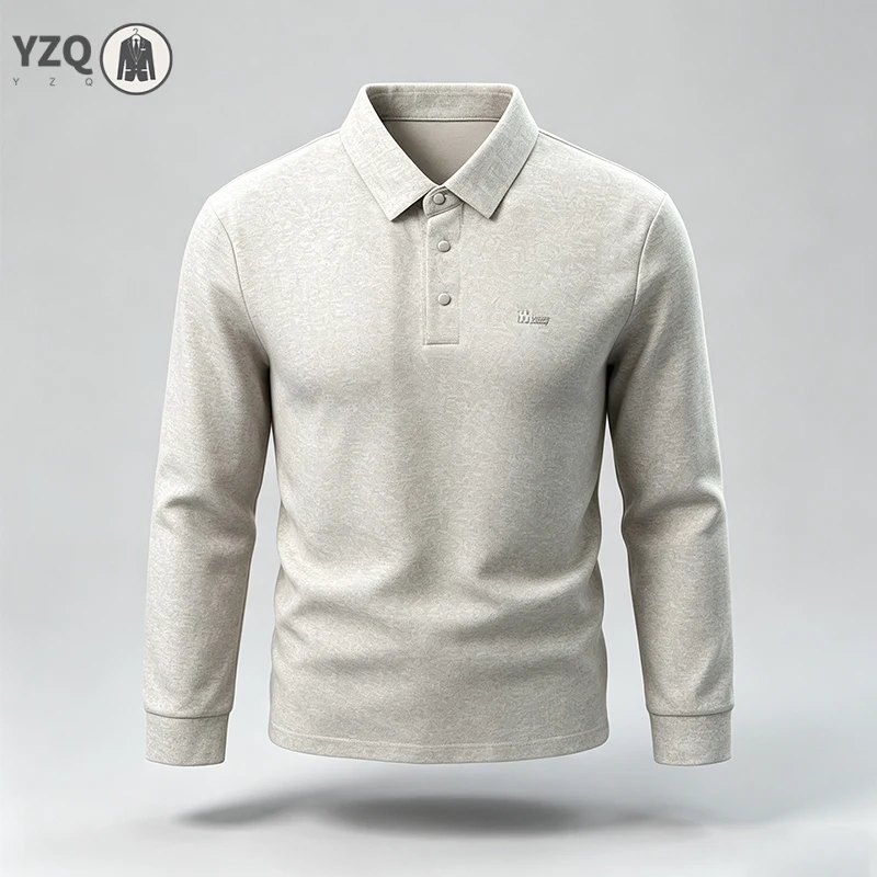 Male Casual Long Sleeve Polo Top Stretch Comfortable Fabric Button Detail Minimal Logo All Match Spring Autumn Apparel
