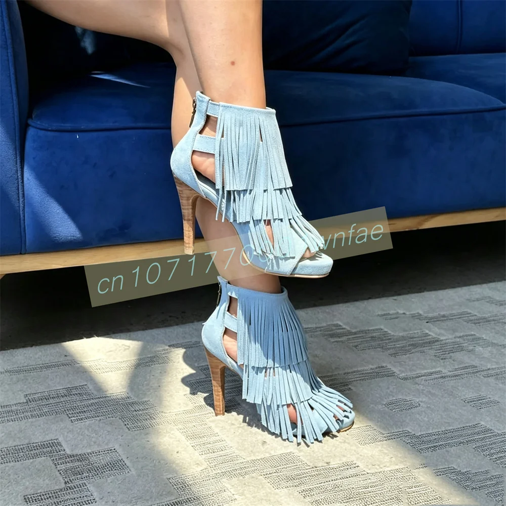 Women Fringe Sandals Open Toe Stiletto Heel Light Blue Strappy Ankle Strap Suede Shoes Western Boho Fashion Party SummerFootwear