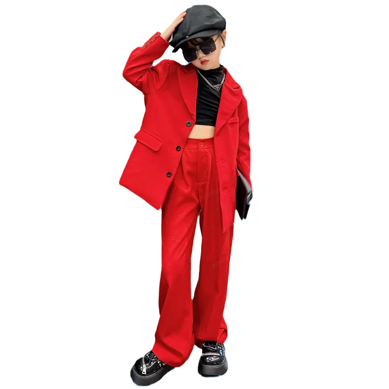 

child Suit for Girls Red Loose Casual Blazer Wide Leg Pant 2pcs Teenage Children Outfits 12 13 14 girl clothes set Kids Costume