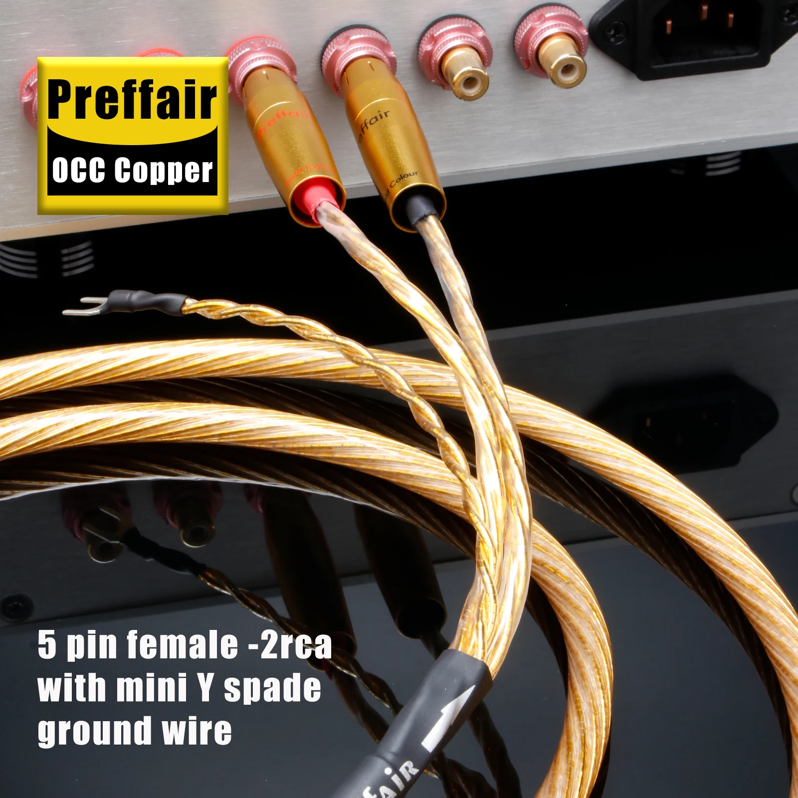 Preffair 5Pin Din to 2rca Phono Cable 7N OCC Silver Plated Record Vinyl Cable with Y Spade Ground Wire LP Turntable Audio Cord