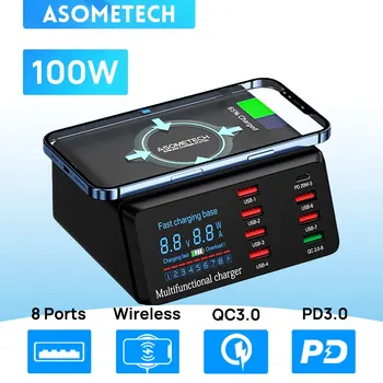 무선 충전 디지털 디스플레이 화면 USB 충전기 스테이션, 아이폰 14, 13, 샤오미, QC3.0, PD3.0, 급속 충전, 100W, 8 포트
