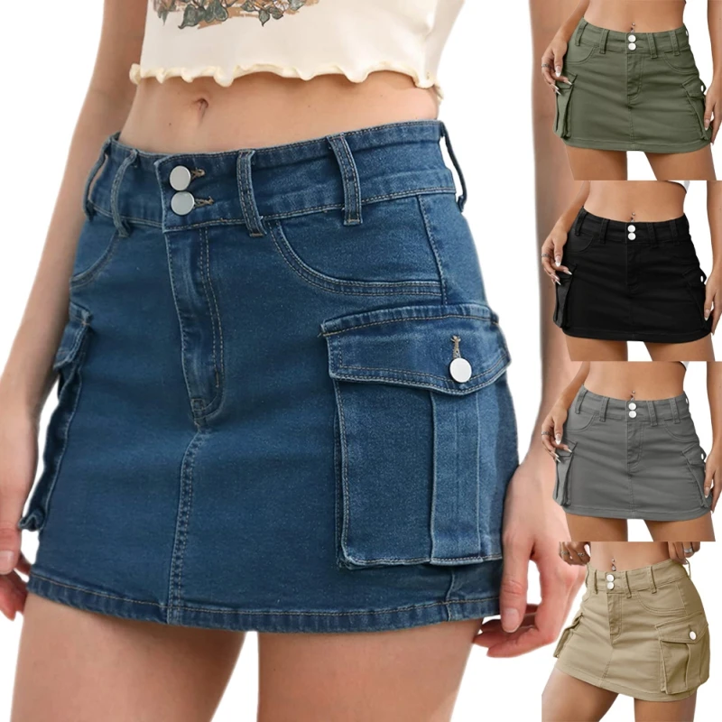 

Women's Low Rise Button Skirt Slim Jeans with Flap Pockets Fashion Mini Denim Skirts Women's Clothing