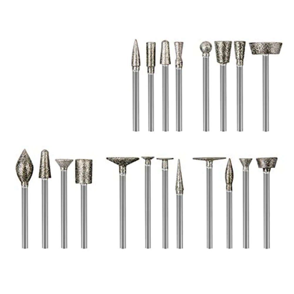 Stone Carving Set Diamond Burr Bits,20PCS Polishing Kits Rotary Tools Accessories with 1/8 Inch Shank for Carving