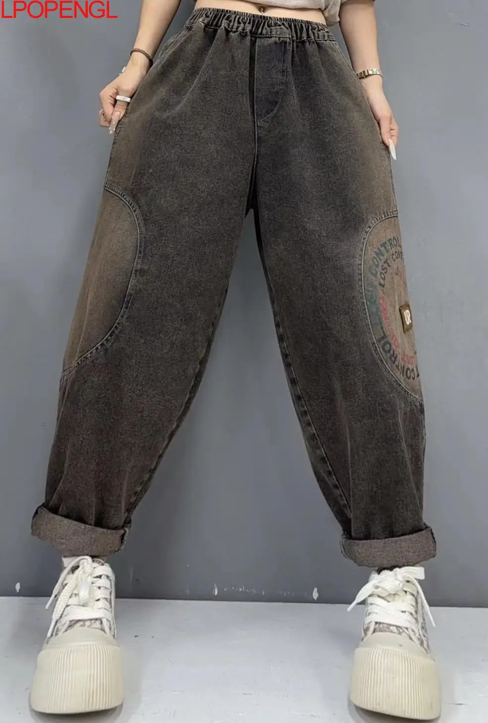 Women's Jeans 2024 Autumn New Letter Printed Loose Oversized Jeans Elastic Waist Denim Harem Pants Trousers For Women