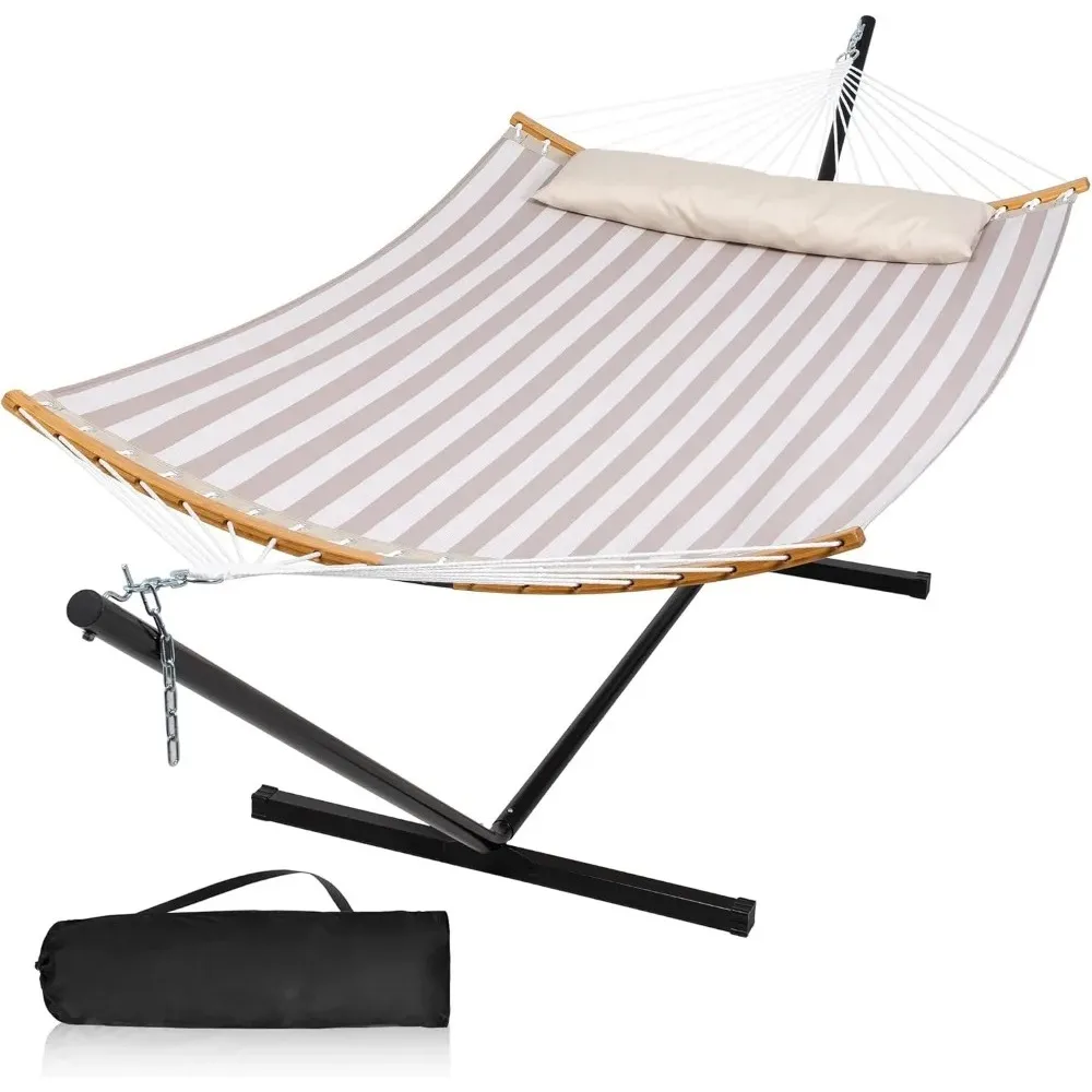 2 Person Hammock with Stand Included Outdoor Quick Dry Hammock with Curved Spreader Bars,Pillow and Carrying Bag450 Lbs Capacity