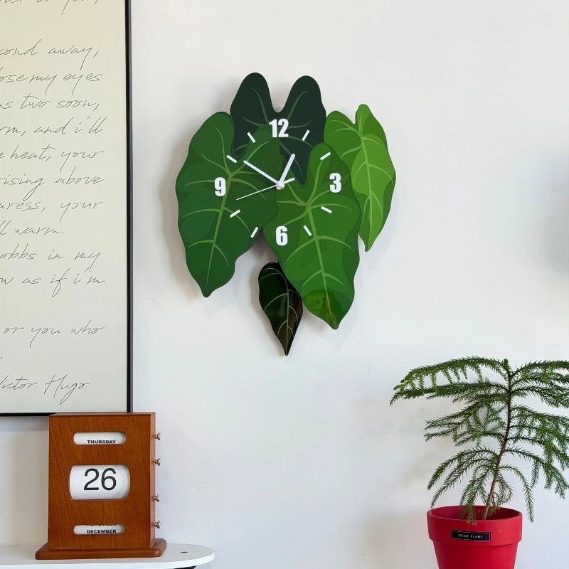 Swinging Wall Clock Creativity Tropical Green Plants Timepiece Bedroom Living Room Indoor Timepiece Home Decoration Quartz Clock
