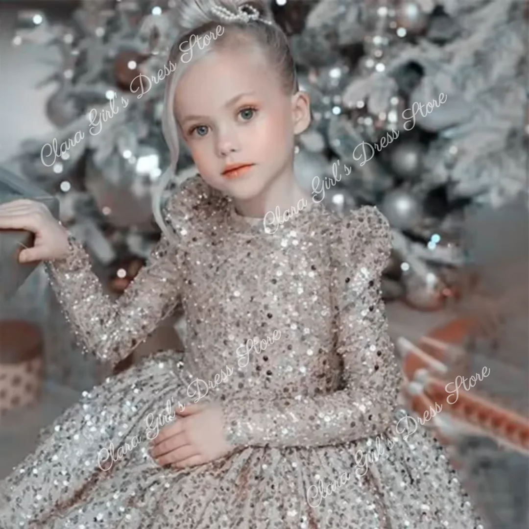 Великолепное платье с цветочным узором для девочек с блестками и длинными рукавами, пышное детское праздничное платье для девочек на свадьбу, день рождения, вечеринку, первое причастие