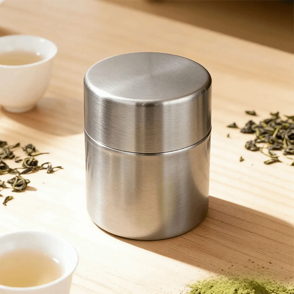 304 Stainless Steel Matcha Powder Jar Airtight Moisture Proof Powder Container Portable Cylindrical Tea Storage Canister