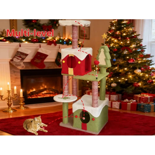 Christmas  Multi Level Cat Tree Condo for Indoor Pet Sleep Scratch Play Sturdy Wide Base Festive Home Decor Pet Furniture