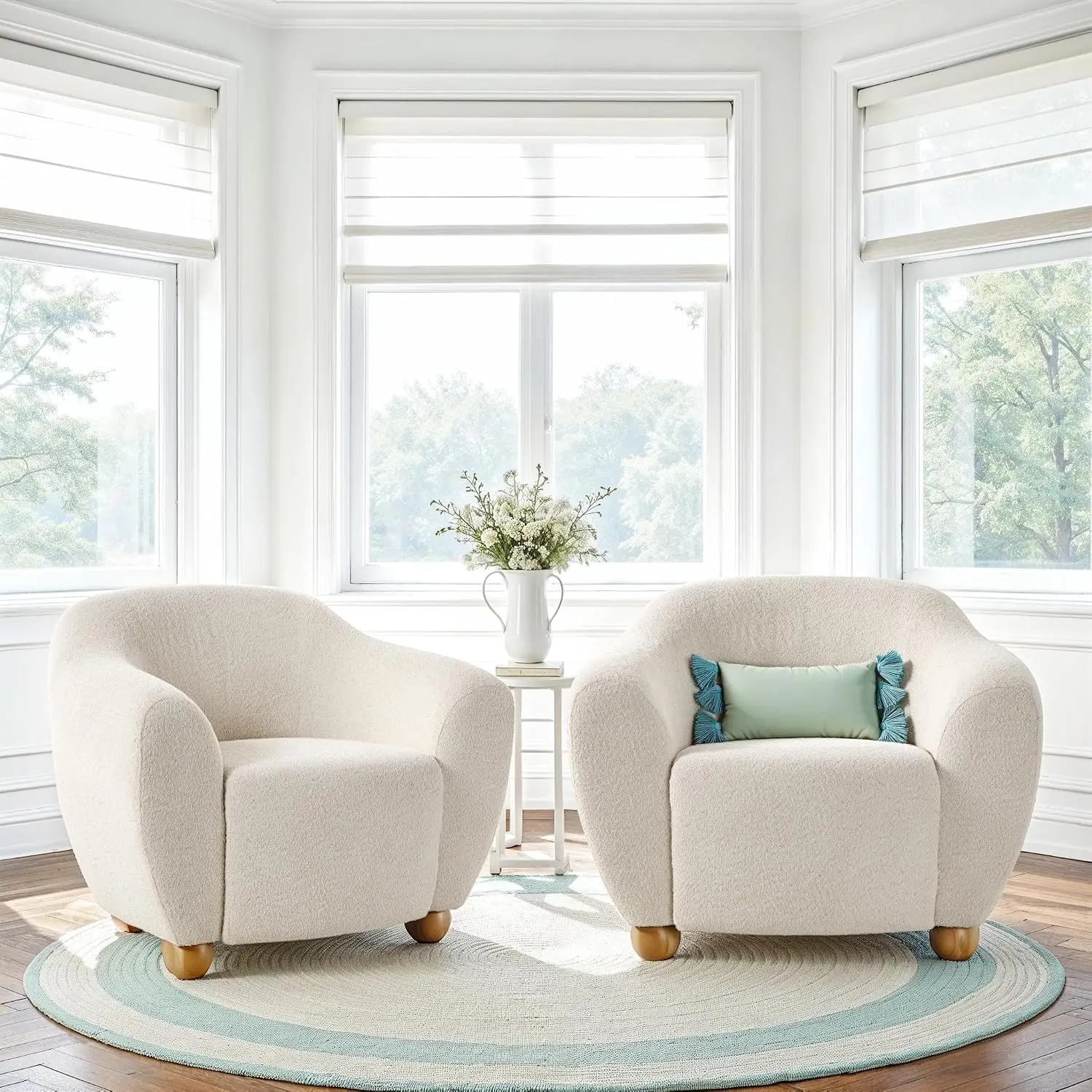 Linley Contemporary Bouclé Accent Chairs with Wood Legs, 2-Pack, Ivory, Customized