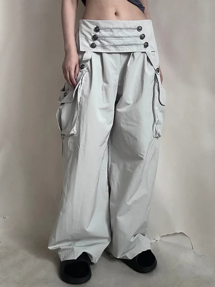 IMU REDDACHiC Pleats Wide Leg Cargo Pants Women Retro Quick Dry Elastic Waist Fold Over Palazzo Pants Steampunk Alternative Clot
