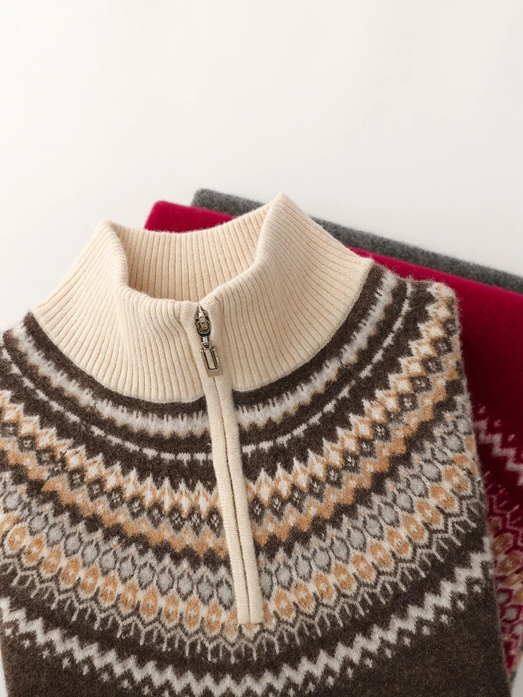 Sweater Rajut Jacquard Kotak-kotak Gaya Fair Isle Musim Gugur Musim Dingin yang Chic, 100% Wol Merino, Kerah Setengah Tinggi, Ritsleting, Pakaian Pria