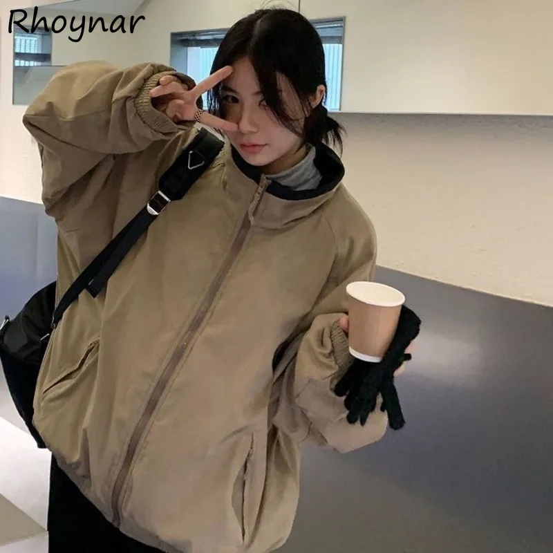 Stand Collar Parkas Vintage Loose Korean-style All-match Autumn New Trendy Leisure Front Pockets Solid Simple Schoolgirls Cozy