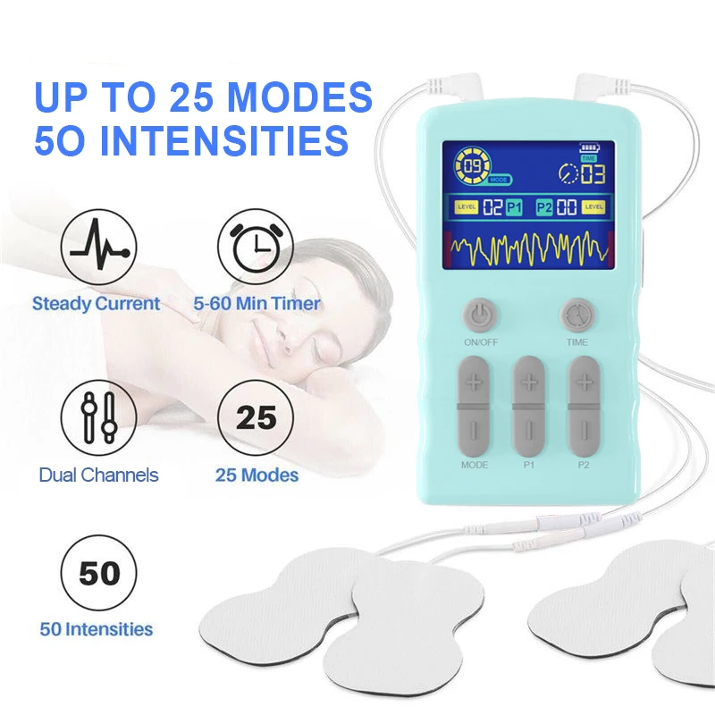 EMS TENS Muscle Stimulator 25 Modes Electric Massager Rechargable Full Body 50 Intensity Levels Dual Output Massaging Device