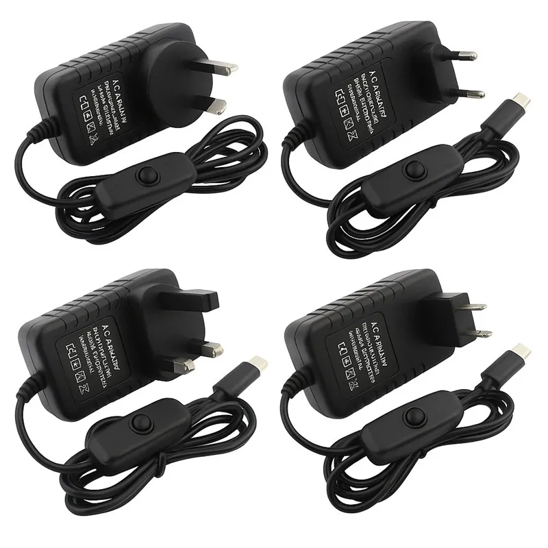 EU US UK AU Plug AC 100-240V DC 5V 3A Power Supply Switch Button Power Adapter Charger USB Type-C Port 5 Volt for Raspberry Pi 4