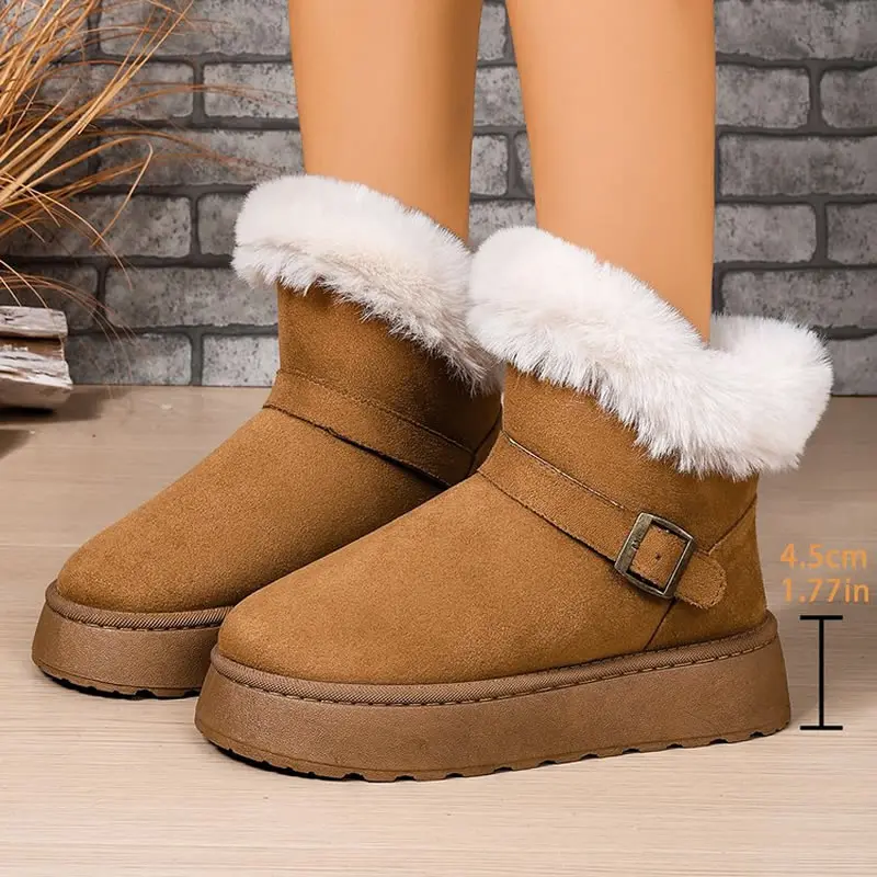 سميكة صوف مبطن أحذية الثلوج المرأة الرجعية الدافئة المضادة للانزلاق أحذية قطنية مع حزام مشبك كعب سميك الشتاء نمط جديد
