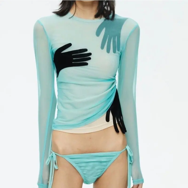 Sexy Mesh Perspective Stitching Velvet Palm Long-sleeved Shirt Street Spice Girl Wind Summer Irregular T-shirt Female