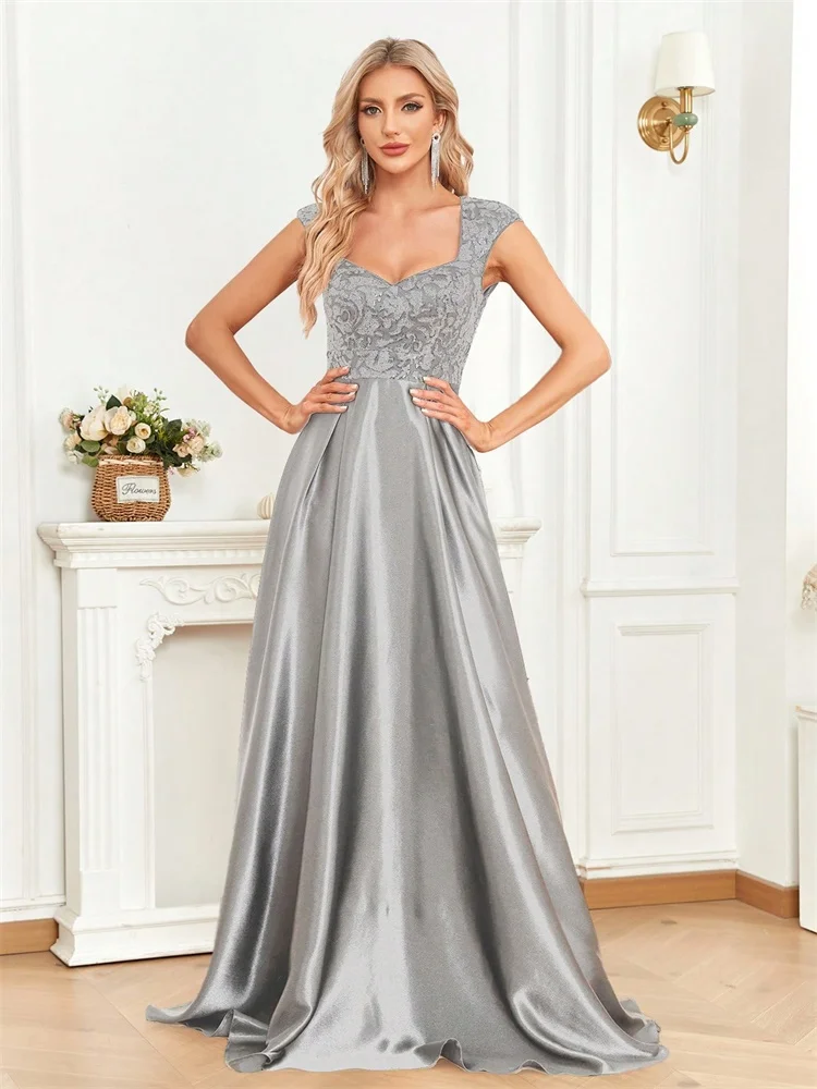 Elegant Sequins Formal Evening Dress For Women 2025 Luxury U-neck Satin Prom Floor Length Cocktail Party Graduation Gowns