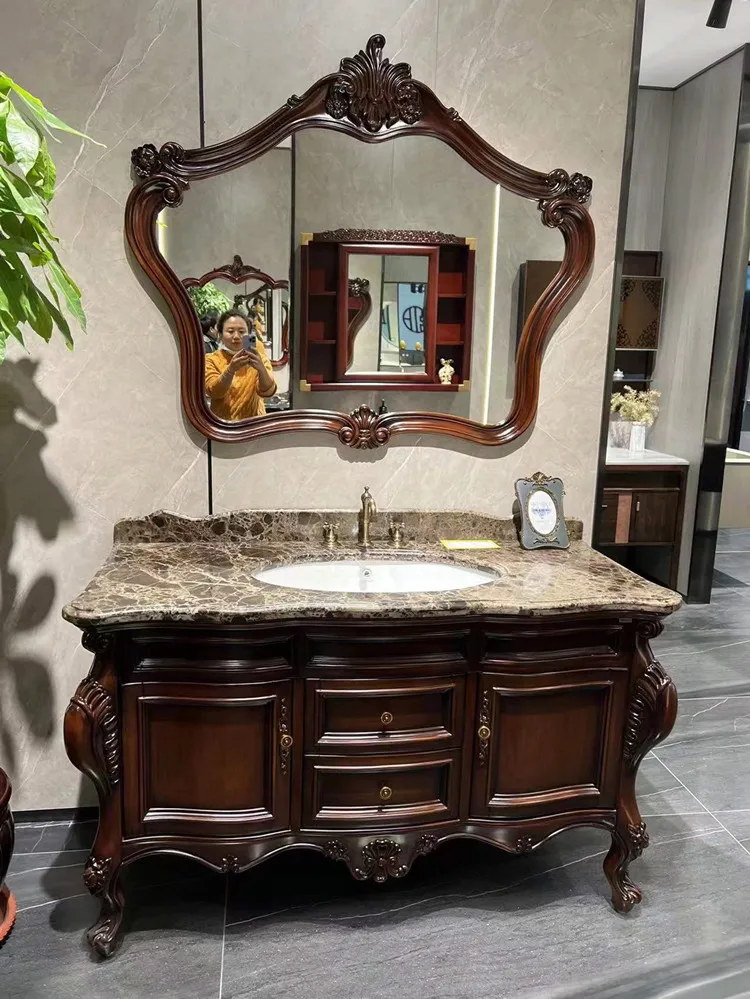 Customized European-Style Antique Oak Bathroom Cabinet Marble Countertop Wash Basin Chinese and American Style Red Oak Bathroom