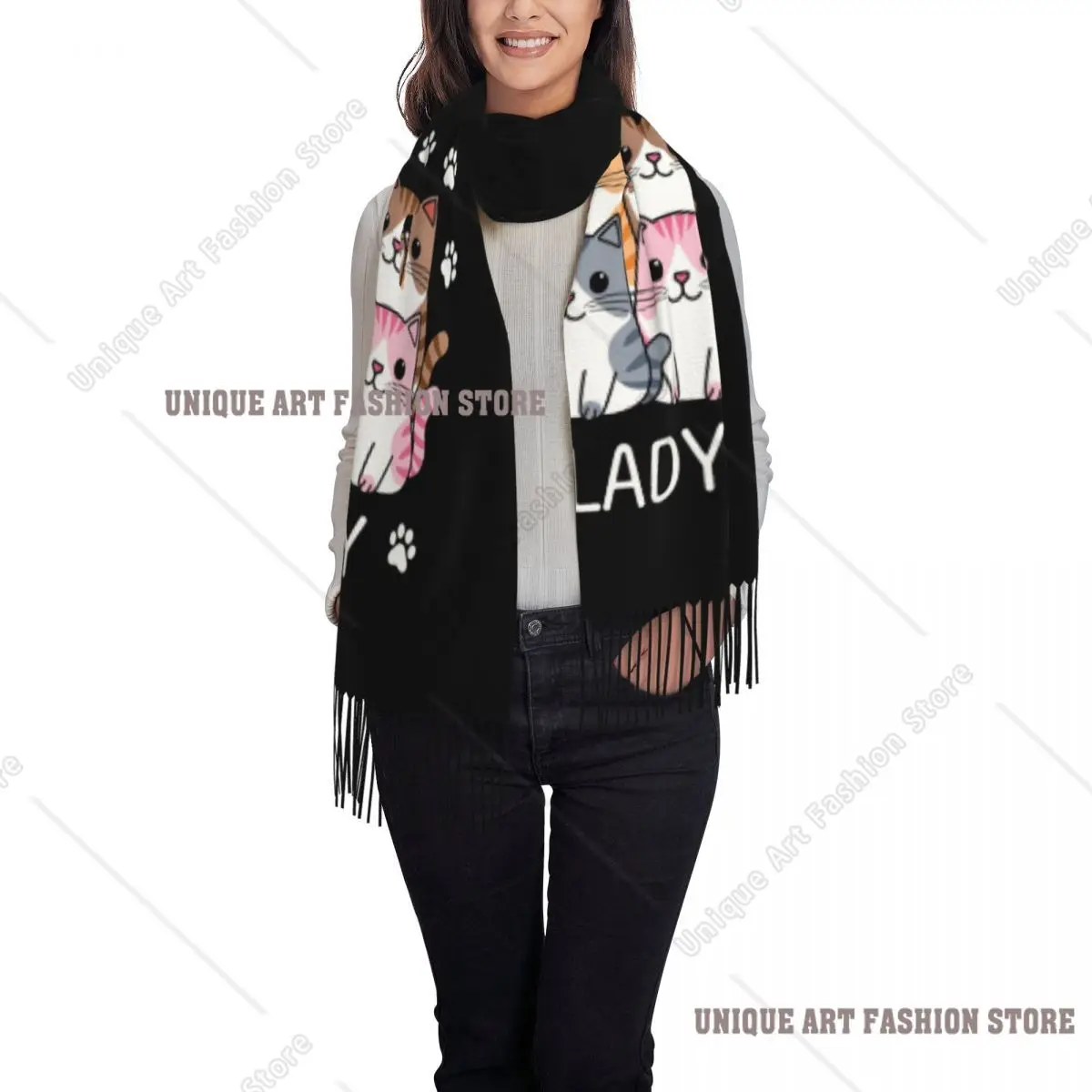 Custom Crazy Cat Lady Scarf Wrap Women Long Winter Warm Tassel Shawl Unisex Scarves