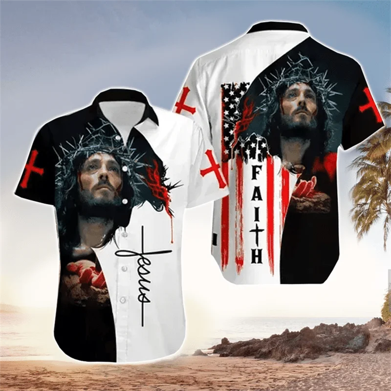 God Religion Christ Men's Shirts Jesus 3D Printed Harajuku Casual Short Sleeve Hawaiian Shirt Oversived Top Female Camisas Tops