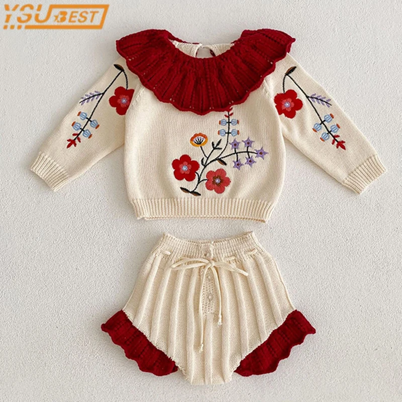 Embroidered Baby Girls Knitted Set Pullover Sweater+ Pants 2PCS Princess Baby Girls Flowers Knitted Spring Autumn Sets