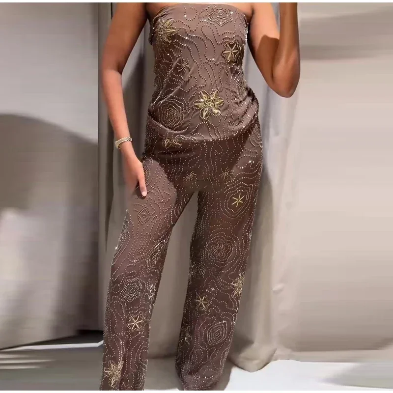 Setelan Vest dan Celana Wanita Bergaya Chic dengan Detail Manik-Manik, Tanpa Lengan, Punggung Terbuka, Crop Top Transparan, Celana Panjang, Pakaian Pesta Musim Panas 2025