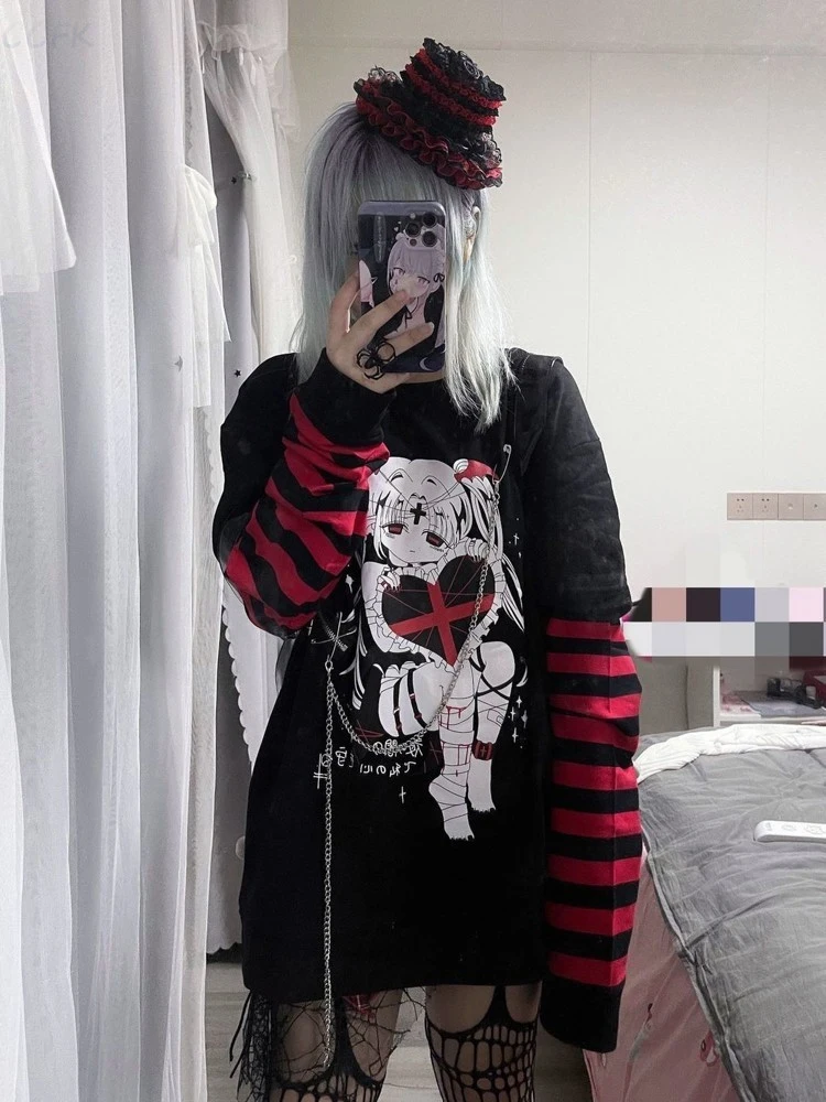 Spring Dark Academia Clothes Emo Anime Sweatshirt Women Striped Gothic T-shirt Long Sleeve Black Tops Y2K Grunge Harajuku Hoodie