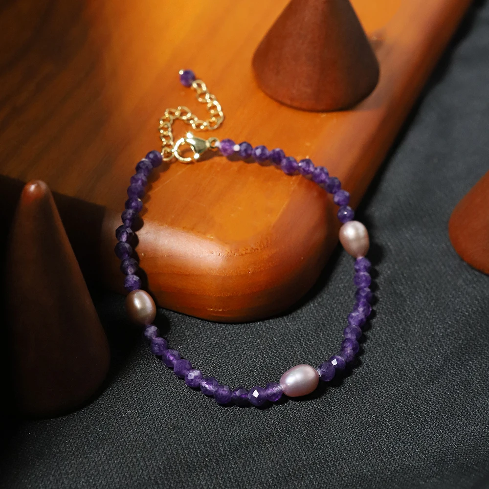 Natural Freshwater Pearl Multi-faceted Amethyst Bead Bracelet Korean Style Women Luxury Jewelry Fashion Ladies and Girls Gift