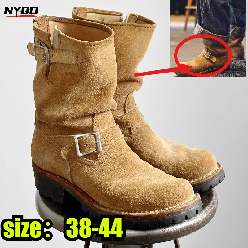 khaki-suede-work-boots-men's-and-women's-engineer-ort-shoes-american-retro-motorcycle-boots-faded-mid-calf-shoes-motocross-boots