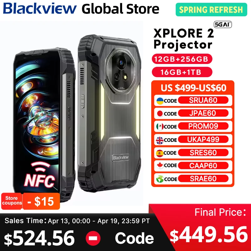 Blackview XPLORE 2 Projector 5G AI RuggedPhone MediaTek Dimensity 8300 6.73” 3.2K AMOLED Display 20000mAh 120W Charger Cellphon