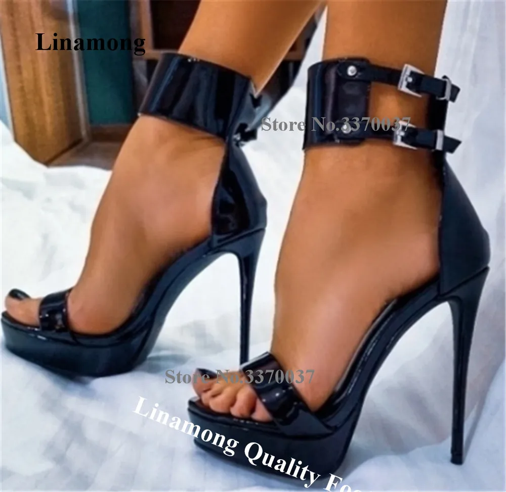 Linamong Black Nude Patent Leather Thin Heel Sandals Open Toe Ankle Wrap Cut-out High Platform Stiletto Heel Party Heels
